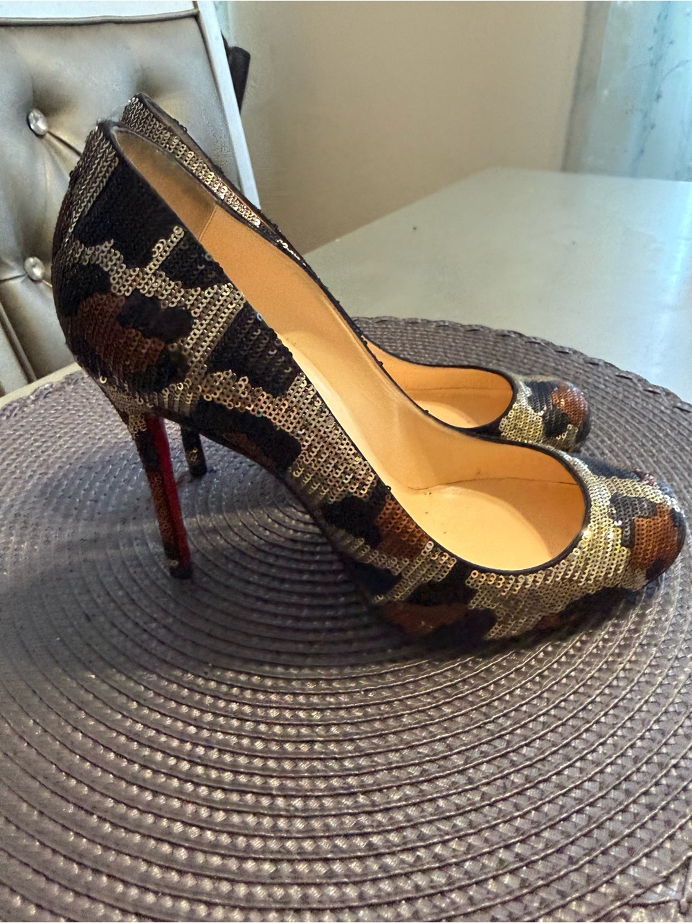 Christian Louboutin Sequined Camouflage Pumps - Black, Brown, Gold - Picture 2 of 6